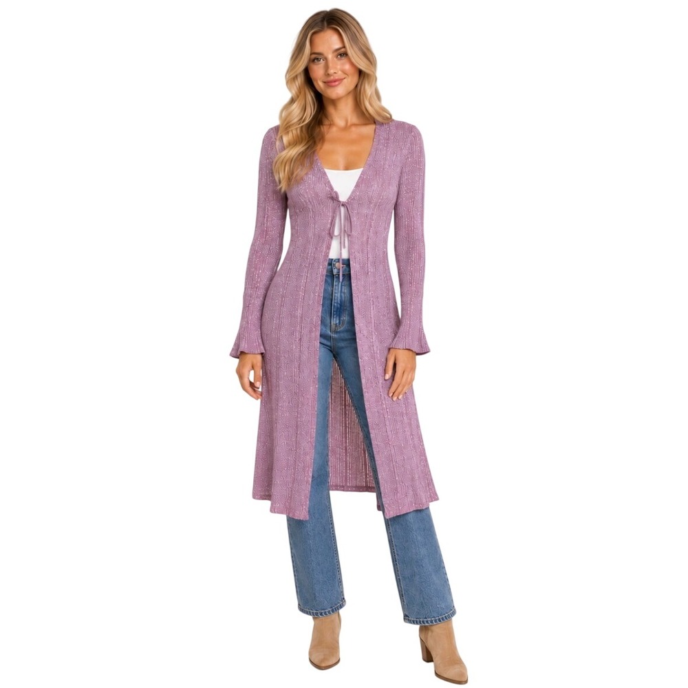 Anthropologie Metallic Ribbed Tie Front Duster Cardigan Sweater Mauve Purple S